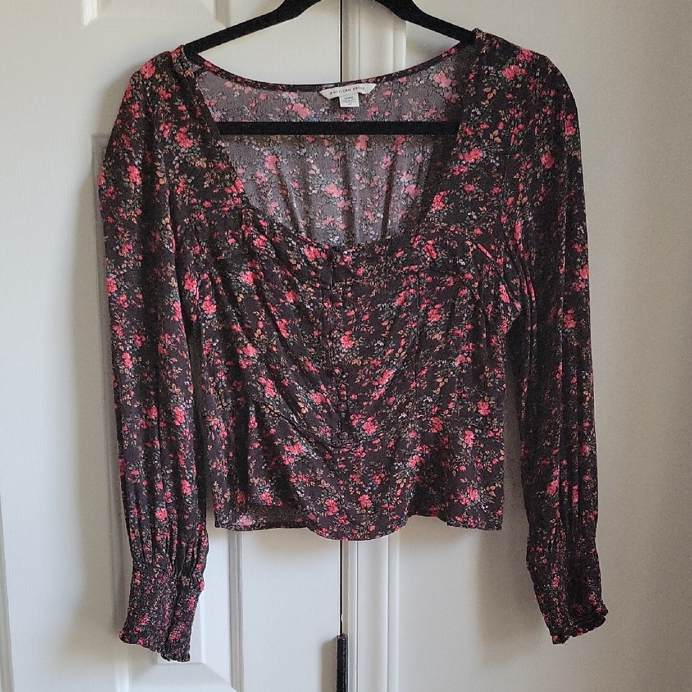 American Eagle Outfitters Black and Pink Floral Blouse